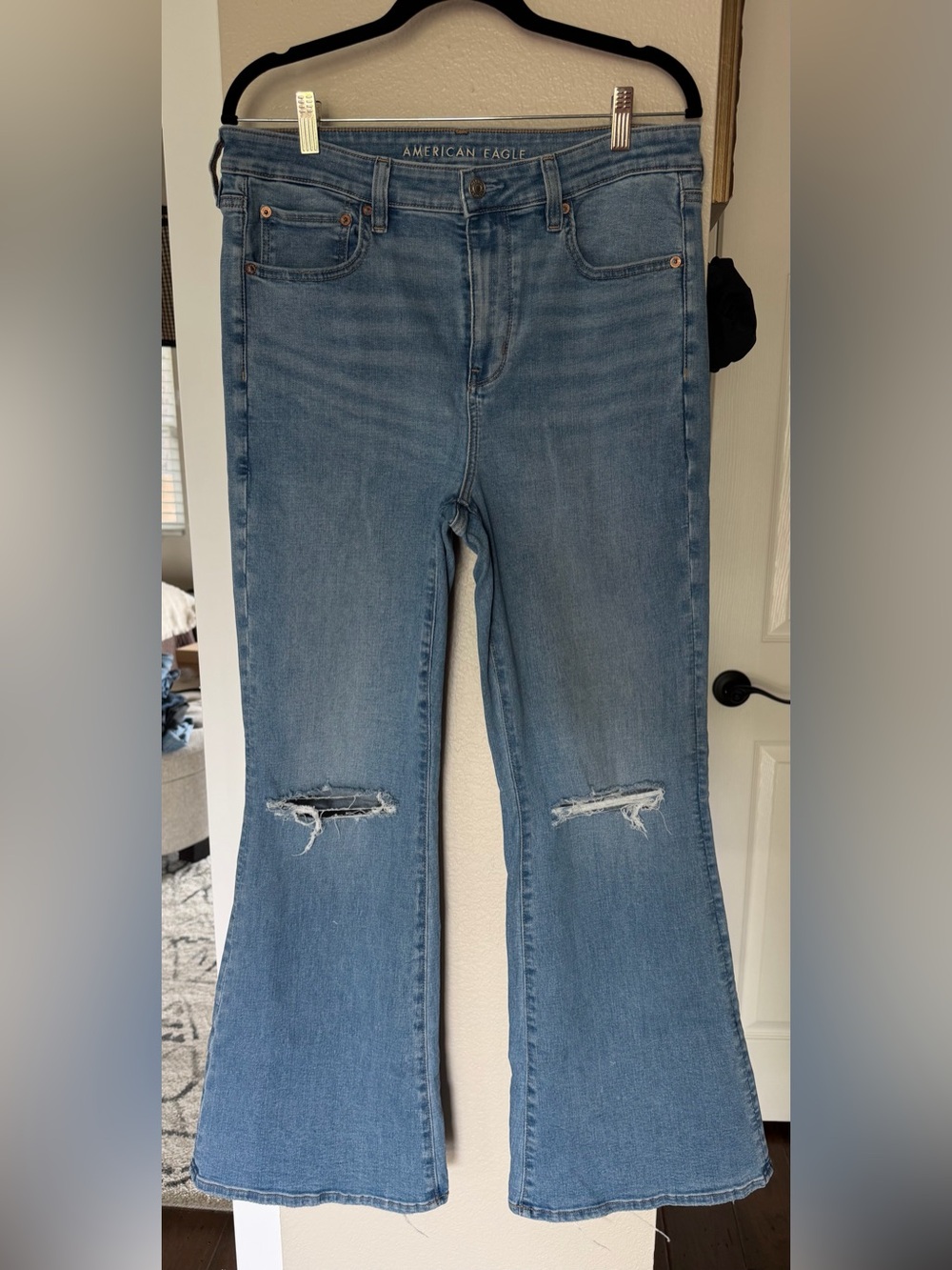 American Eagle Outfitters Light Blue Distressed Flare Jeans, Sz. 12
